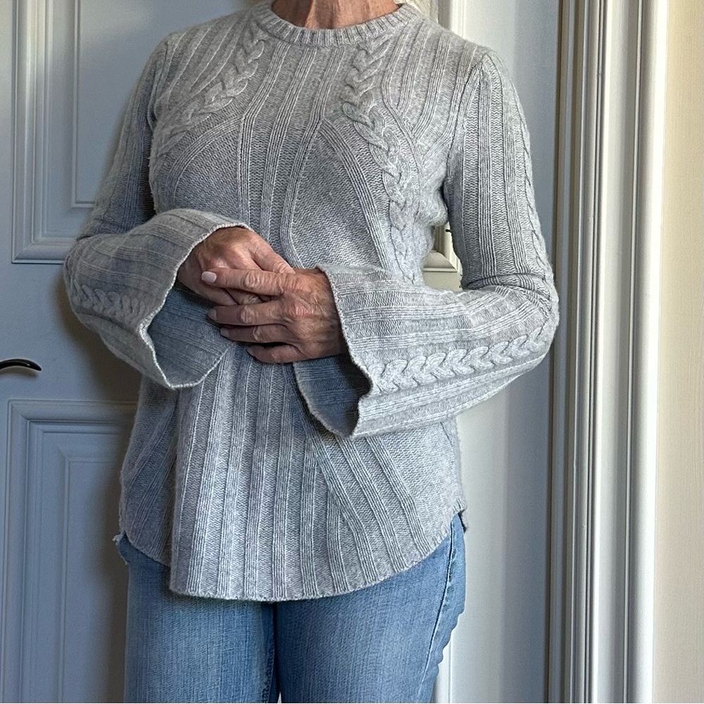 Gray Cashmere Sweater - Luxury AQUA Sweater - Flare Sleeve Cable Knit Cashmere